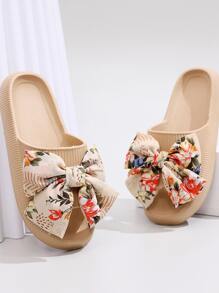 蝴蝶结装饰拖鞋，一体成型塑料鞋底，卡其色蝴蝶结纯色女士拖鞋，春夏穿搭 - 卡其色 - 查看 2