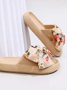 蝴蝶结装饰拖鞋，一体成型塑料鞋底，卡其色蝴蝶结纯色女士拖鞋，春夏穿搭 - 卡其色 - 查看 5