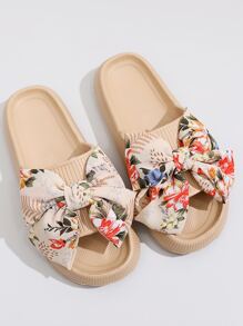 蝴蝶结装饰拖鞋，一体成型塑料鞋底，卡其色蝴蝶结纯色女士拖鞋，春夏穿搭 - 卡其色 - 查看 6