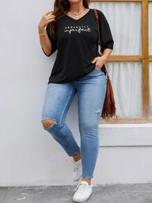 SHEIN LUNE 大碼字母圖案蝙蝠袖T恤