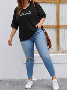 SHEIN LUNE 大碼字母圖案蝙蝠袖T恤