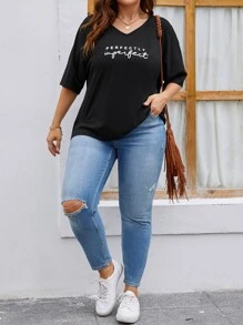 SHEIN LUNE 大碼字母圖案蝙蝠袖T恤