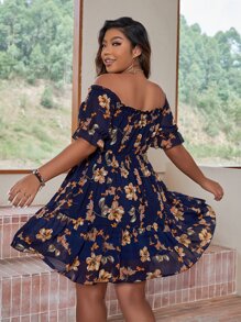 Breezaya 大碼印花一字肩荷葉袖荷葉邊雪紡連衣裙 - 藏蓝色 - 查看 2