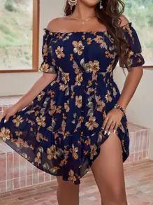 Breezaya 大碼印花一字肩荷葉袖荷葉邊雪紡連衣裙 - 藏蓝色 - 查看 3