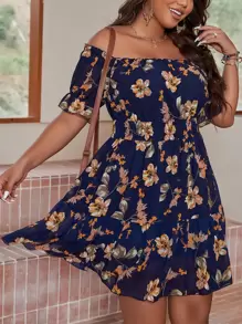 Breezaya 大碼印花一字肩荷葉袖荷葉邊雪紡連衣裙 - 藏蓝色 - 查看 7