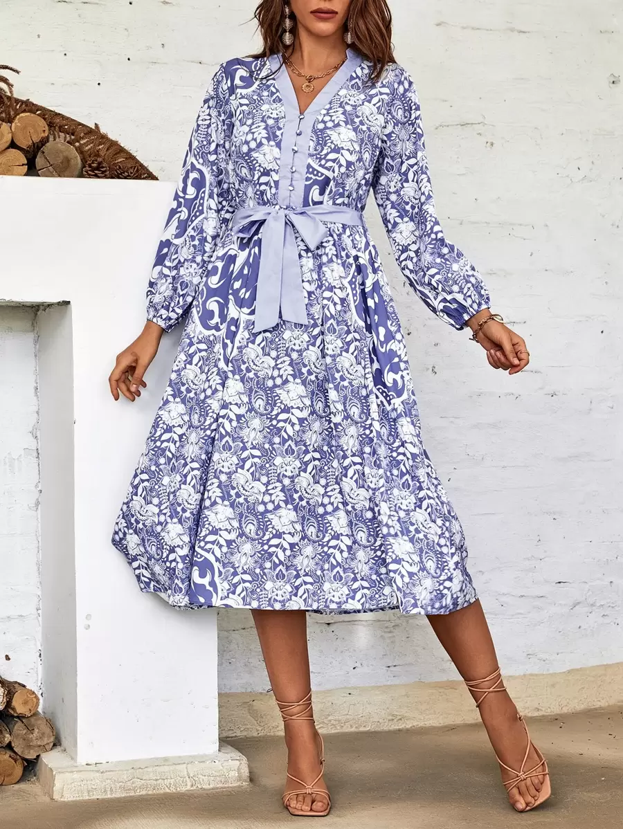 SHEIN Unity 隨機花朵印花燈籠袖繫腰帶洋裝