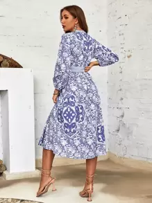 SHEIN Unity 隨機花朵印花燈籠袖繫腰帶洋裝