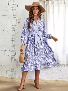 SHEIN Unity 隨機花朵印花燈籠袖繫腰帶洋裝