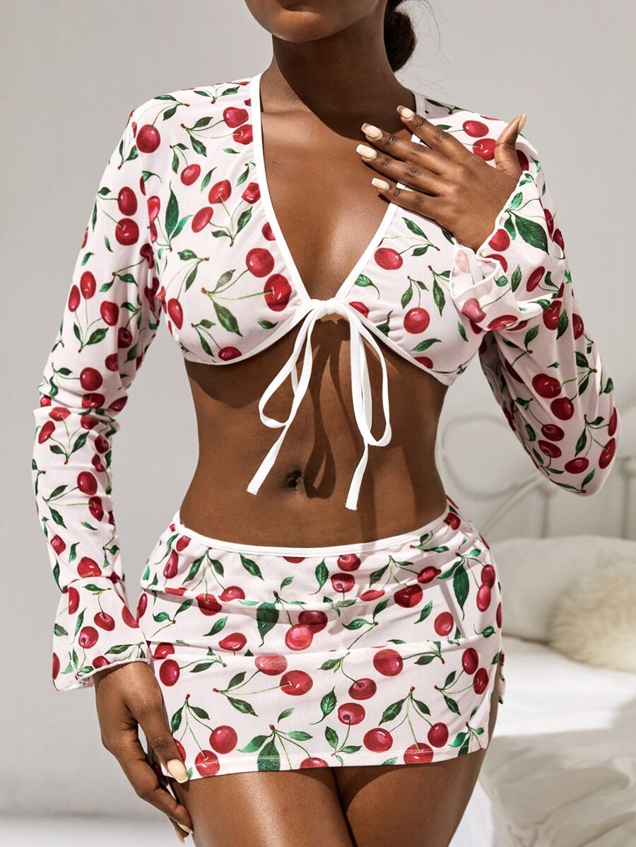 3pack Cherry Print Lingerie Set With Panty - Red and White - View 1