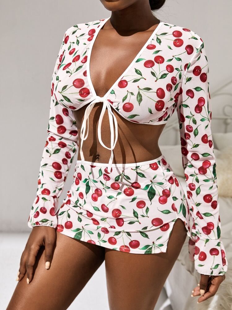 3pack Cherry Print Lingerie Set With Panty - Red and White - View 3