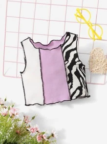 SHEIN Baby Zebra Striped Colourblock Top-stitching Lettuce Trim Tank Top - Multicolor - View 1