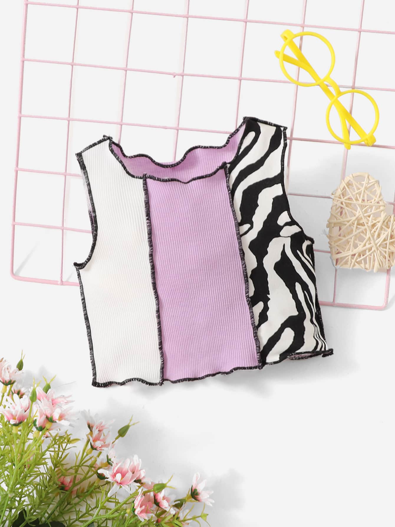 SHEIN Baby Zebra Striped Colourblock Top-stitching Lettuce Trim Tank Top - Multicolor - View 1
