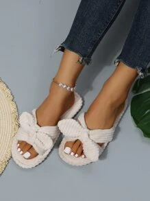 女士白色燈芯絨蝴蝶結裝飾拖鞋,學院露趾臥室拖鞋 - 米色 - 查看 2