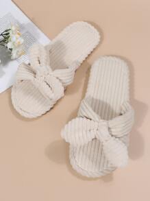 女士白色燈芯絨蝴蝶結裝飾拖鞋,學院露趾臥室拖鞋 - 米色 - 查看 4