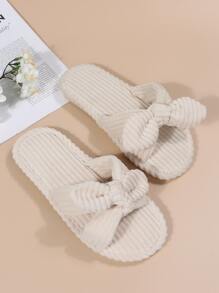 女士白色燈芯絨蝴蝶結裝飾拖鞋,學院露趾臥室拖鞋 - 米色 - 查看 6