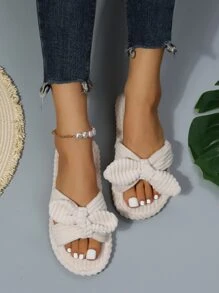 女士白色燈芯絨蝴蝶結裝飾拖鞋,學院露趾臥室拖鞋 - 米色 - 查看 7