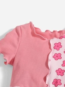 SHEIN Baby Girl Floral Print Lettuce Trim Tee Dress