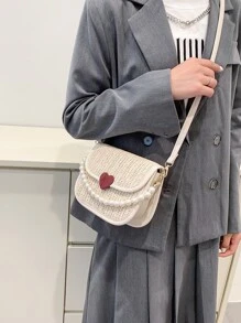 Mini Heart & Faux Pearl Decor Flap Straw Bag - Beige - View 3