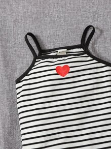 SHEIN 嬰兒女裝條紋與愛心印花對比綁帶背心連體衣 - 黑與白 - 查看 3