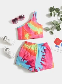 SHEIN 两件套女婴圆领短袖上衣和松紧腰短裤套装，适合夏季穿着 - 粉色 - 查看 1