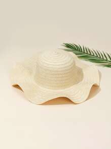 1pc Ladies' Beige Wave Edge Sunhat, Perfect For Daily Beach Vacation - Beige - View 2