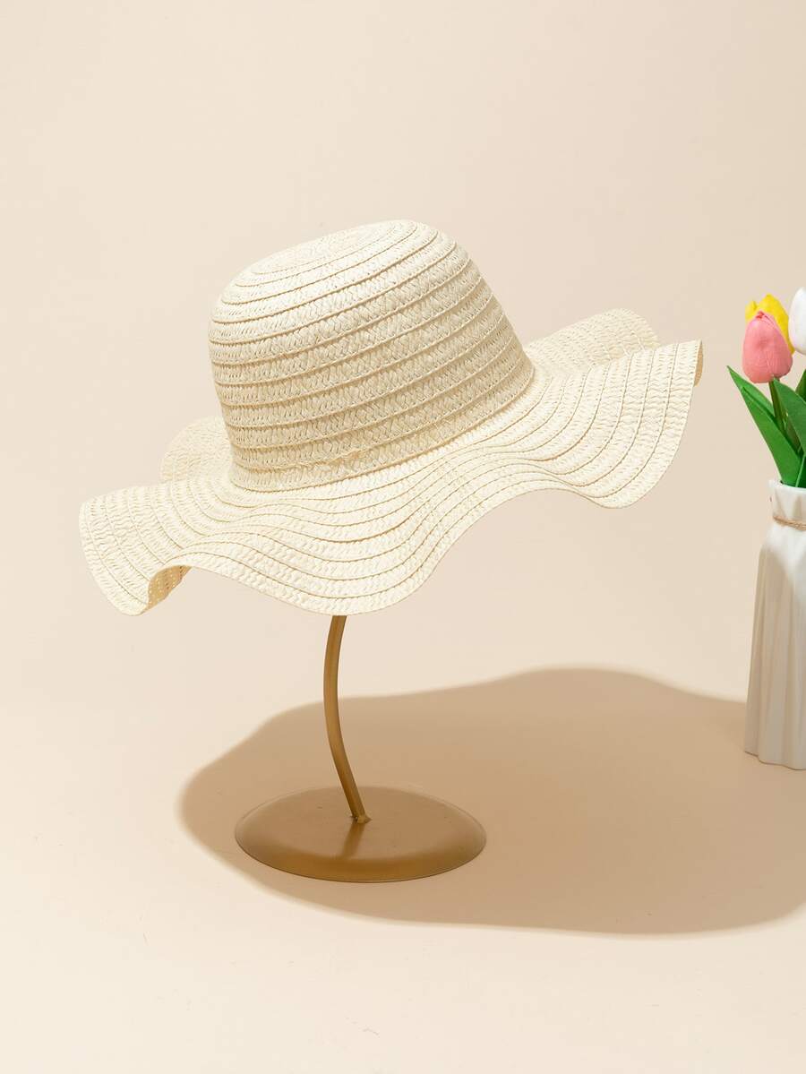 1pc Ladies' Beige Wave Edge Sunhat, Perfect For Daily Beach Vacation - Beige - View 1