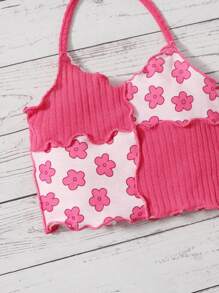 SHEIN Dziewczynka Wzór w kwiaty Dwutonowy Karbowana lamówka Top Halter