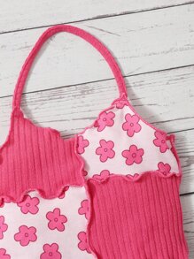 SHEIN Dziewczynka Wzór w kwiaty Dwutonowy Karbowana lamówka Top Halter