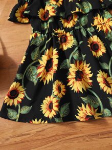 SHEIN Baby Girl Sunflower Print Cold Shoulder Ruffle Trim Dress - Multicolor - View 3