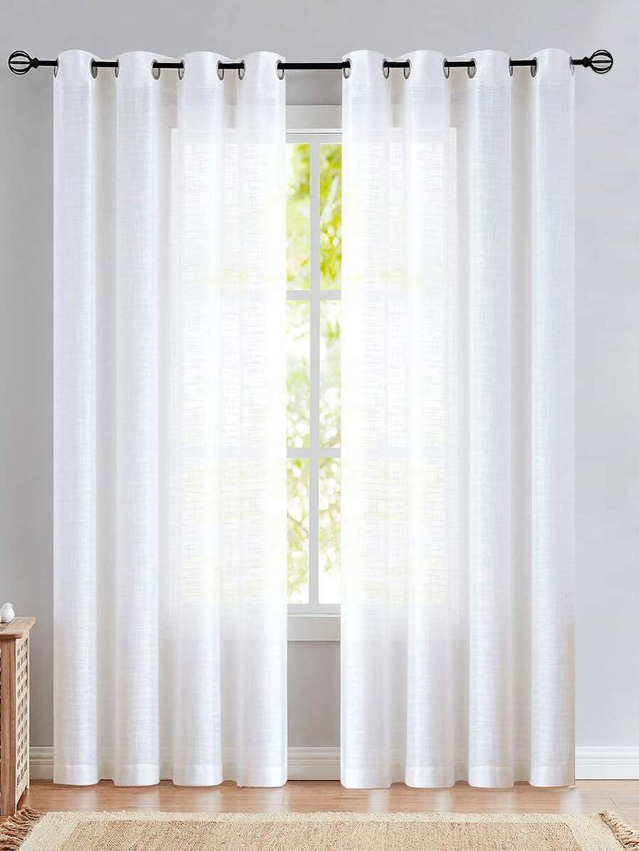 1pc Plain Color Linen-Look Sheer Curtain Panel, With Top Rope Design, Lightweight Breathable Translucent Fabric For Bedroom, Living Room, Balcony Decoration - White - View 1