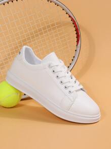 Women Minimalist Letter Patch Decor Lace-Up Front Skate Shoes - White - View 5