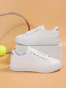 Women Minimalist Letter Patch Decor Lace-Up Front Skate Shoes - White - View 6