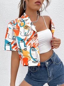 SHEIN EZwear Áo sơ mi nữ Nút phía trước Con số Giải trí - Nhiều màu - Xem 3