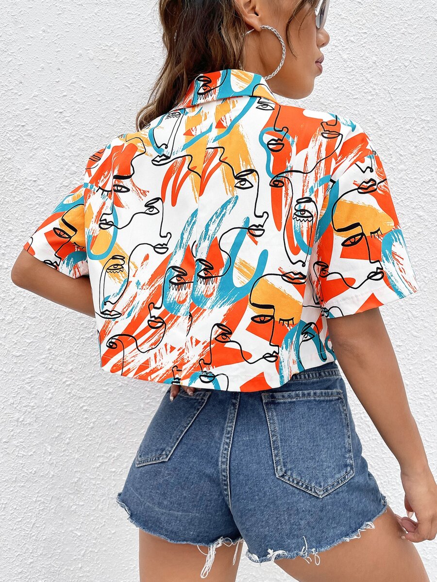 SHEIN EZwear Áo sơ mi nữ Nút phía trước Con số Giải trí - Nhiều màu - Xem 1