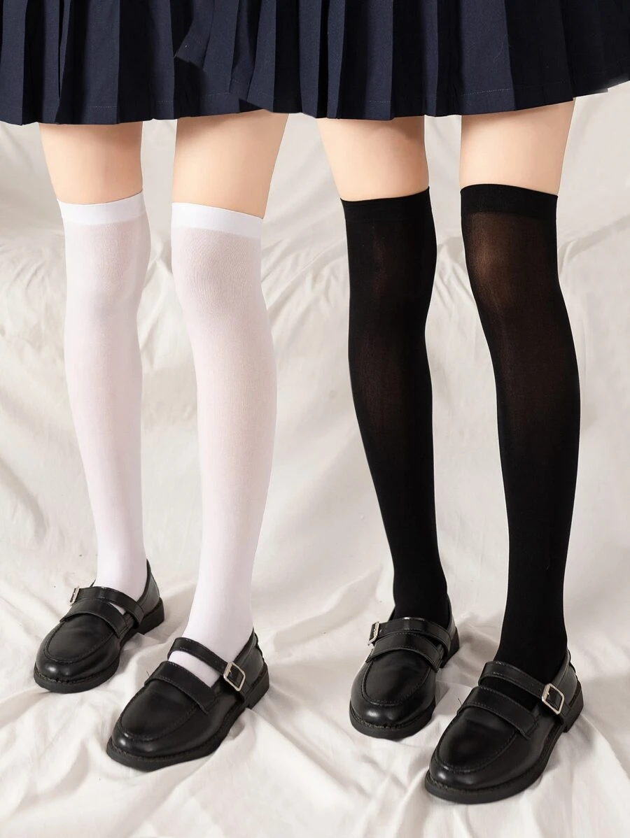 2pairs Girls Solid Over The Knee Socks - Multicolor - View 1