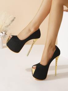 Peep Toe Flatform Stiletto Heeled Court Pumps - Black - View 2