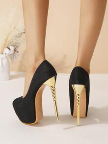 Peep Toe Flatform Stiletto Heeled Court Pumps - Black - View 5