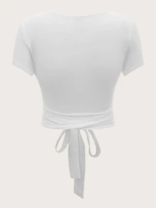SHEIN ICON Mặt trước xoắn Tie Trước Crisscross Ngắn tay Mùa vụ Trắng - trắng - Xem 2