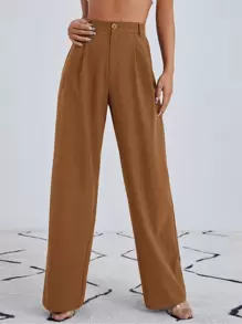 SHEIN Essnce Solid Zip Up Straight Leg Trousers - Brown - View 1