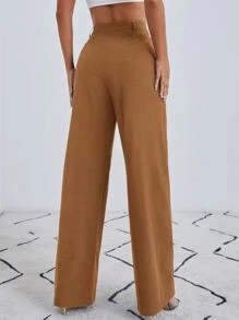 SHEIN Essnce Solid Zip Up Straight Leg Trousers - Brown - View 2