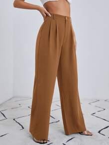 SHEIN Essnce Solid Zip Up Straight Leg Trousers - Brown - View 4