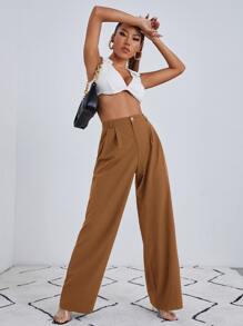 SHEIN Essnce Solid Zip Up Straight Leg Trousers - Brown - View 5