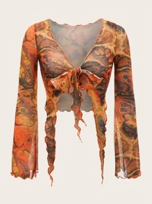 SHEIN ICON 多巴胺穿衣法開衩袖前繫帶不對稱下擺圖案印花網紗上衣 - 橘色 - 查看 1