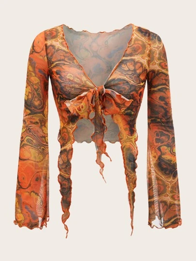 SHEIN ICON Dopamine Dressing Split Sleeve Tie Front Asymmetrical Hem Graphic Print Mesh Top
