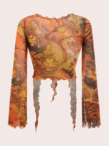 SHEIN ICON 多巴胺穿衣法開衩袖前繫帶不對稱下擺圖案印花網紗上衣 - 橘色 - 查看 2