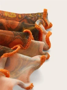 SHEIN ICON 多巴胺穿衣法開衩袖前繫帶不對稱下擺圖案印花網紗上衣 - 橘色 - 查看 3