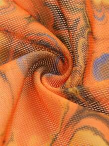 SHEIN ICON 多巴胺穿衣法開衩袖前繫帶不對稱下擺圖案印花網紗上衣 - 橘色 - 查看 4