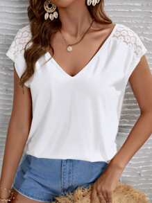 SHEIN Frenchy Floral Embroidery Mesh Insert Lace Panel Batwing Sleeve Tee Summer White White - White - View 2