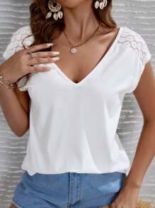 SHEIN Frenchy Floral Embroidery Mesh Insert Lace Panel Batwing Sleeve Tee Summer White White - White - View 5