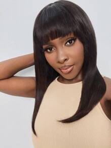 Silk Base Straight Bob 180% 16 Inch Natural Black Color Bangs Wig Human Hair Full Machine Made Silky Daily Use For Beginners - Natural Black - View 1